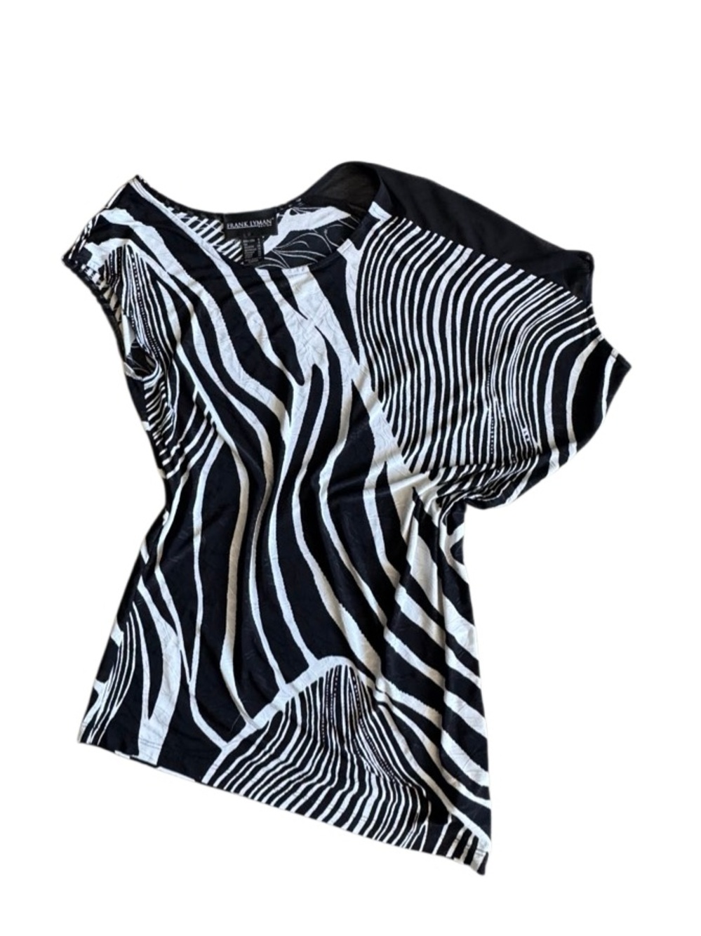 Frank Lyman Design Black & White Zebra-Print Tunic Top Mesh Sleeve SZ 6